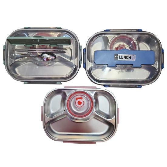 Picture of Lunch Box with 4 compartments with bowl, spoon and chopstick - 28x21x6cm