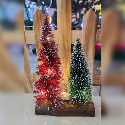 Picture of Xmas Tree Green and Red on Wood Log with Light