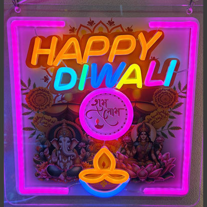 Picture of Happy Divali Ganesh/Luxmee Square Lotus Neon Frame (30 x 30cm)